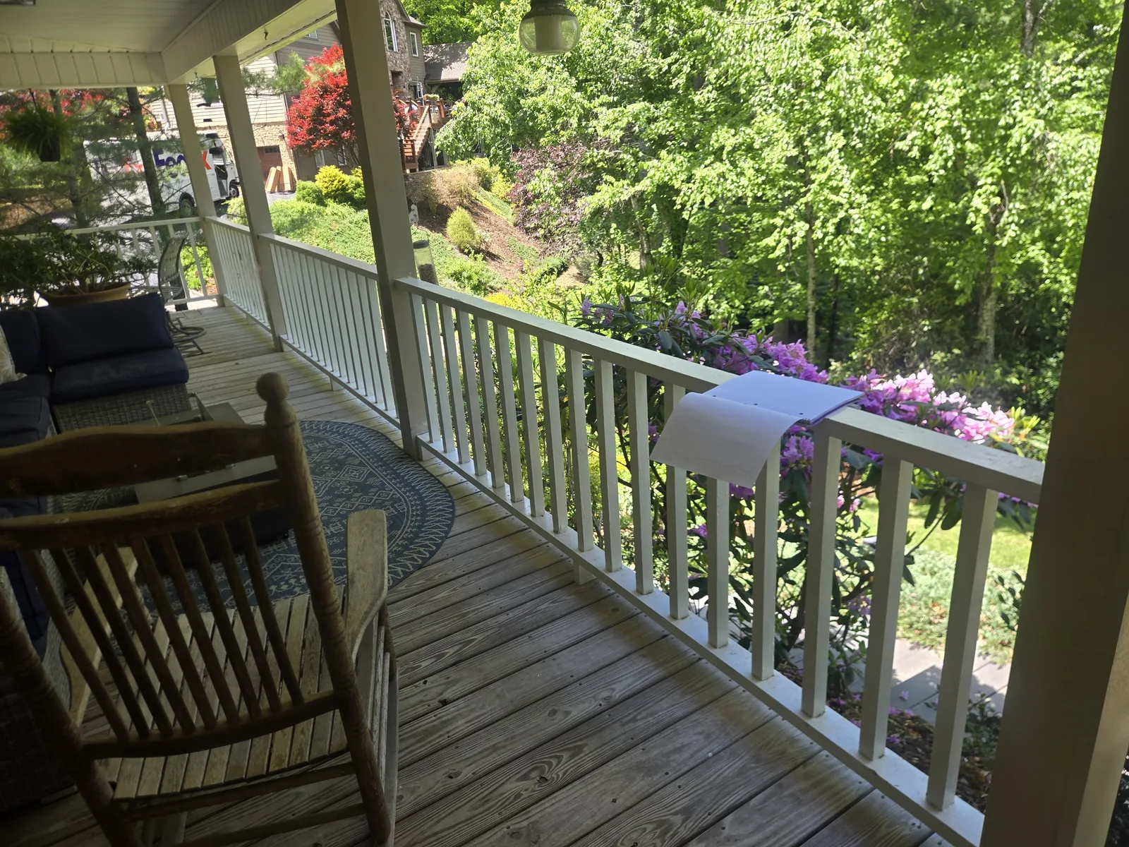 Porch railing before cable rail upgrade from the deck